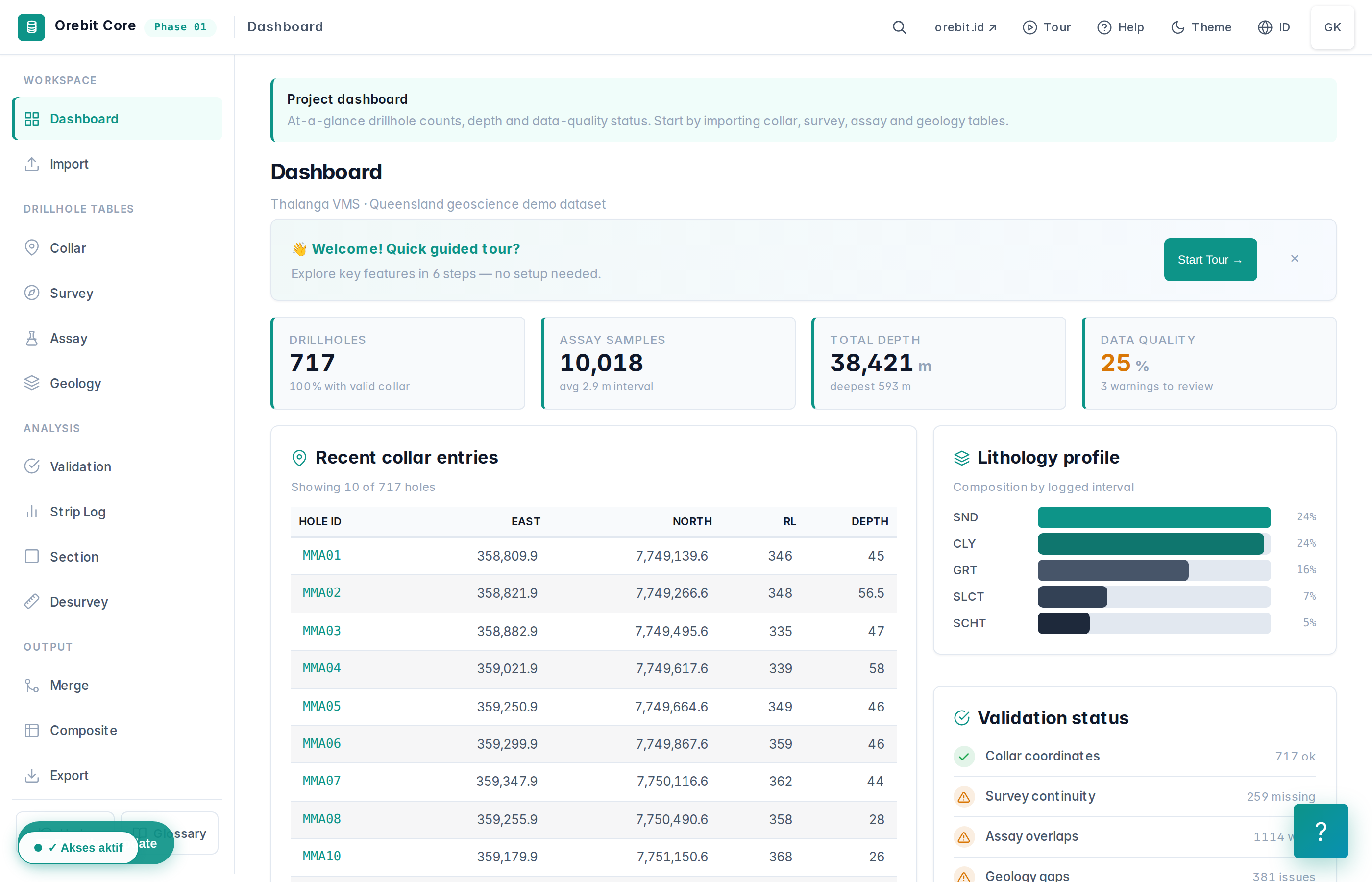 Project Dashboard — 717 drillholes, validation status