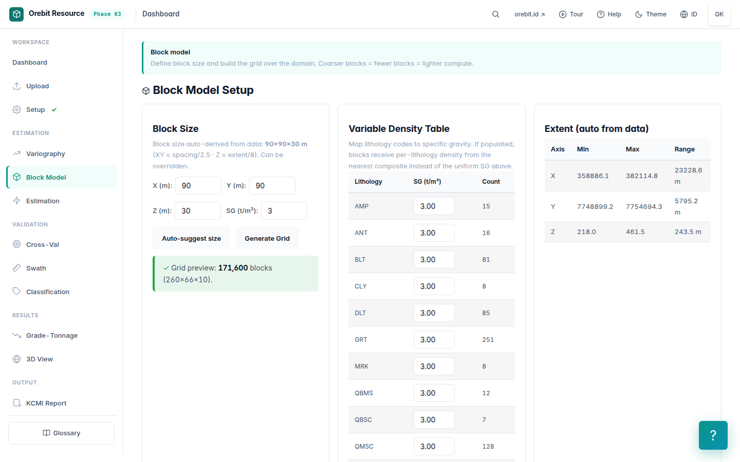 3D Block Model — kriging estimation 171K blocks