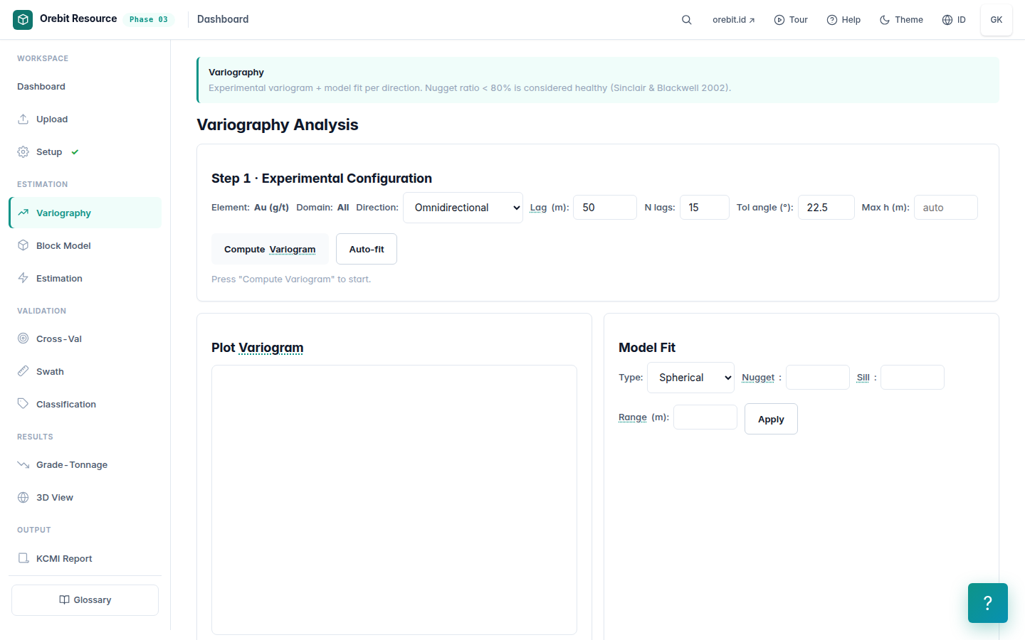 Variography — experimental + model variogram